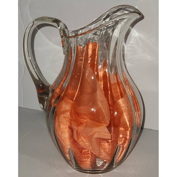 Vintage Bown Glass Ribbed Hand Painted OOAK Juice Iced Tea Pitcher 9" - Picture 3 of 6